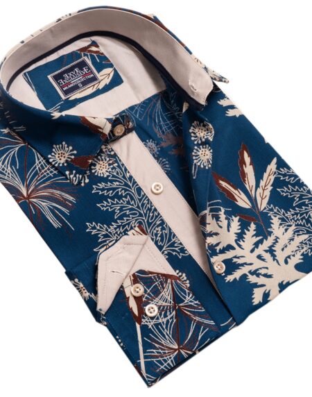 Blue Floral Mens Slim Fit Designer French Cuff Shirt – tailored Cotton Shirts for Work and Casual Wear