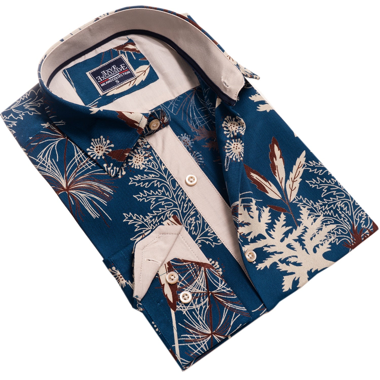 Blue Floral Mens Slim Fit Designer French Cuff Shirt – tailored Cotton Shirts for Work and Casual Wear