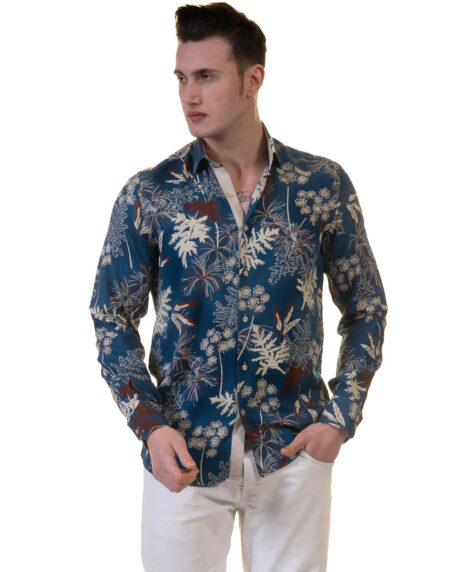 Blue Floral Mens Slim Fit Designer French Cuff Shirt – tailored Cotton Shirts for Work and Casual Wear