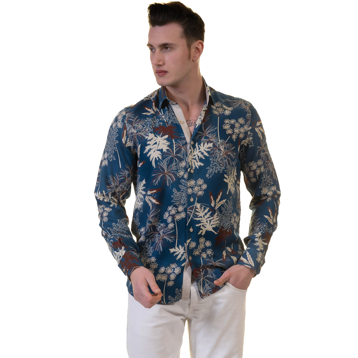 Blue Floral Mens Slim Fit Designer French Cuff Shirt - tailored Cotton Shirts for Work and Casual Wear - Image 2