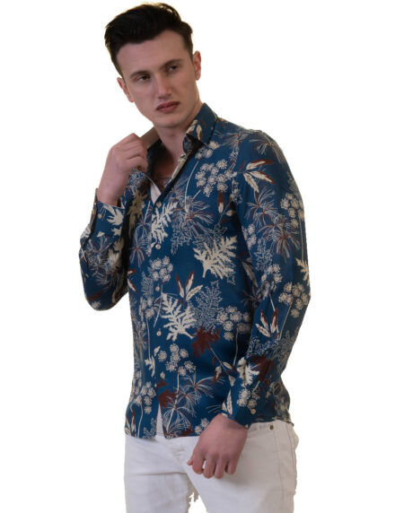 Blue Floral Mens Slim Fit Designer French Cuff Shirt – tailored Cotton Shirts for Work and Casual Wear