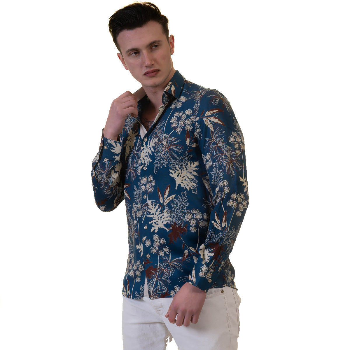Blue Floral Mens Slim Fit Designer French Cuff Shirt - tailored Cotton Shirts for Work and Casual Wear - Image 3