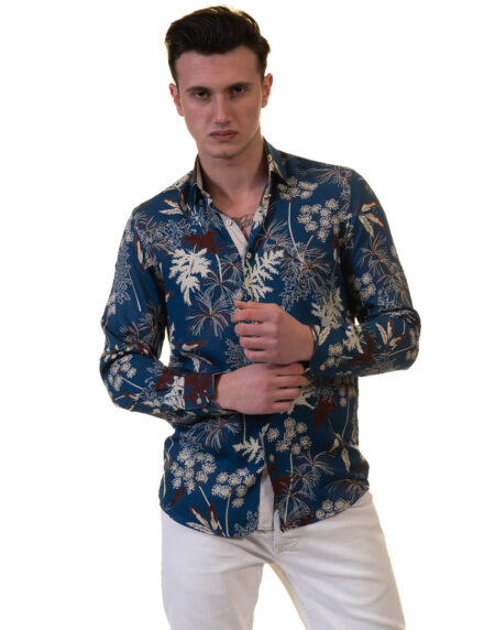 Blue Floral Mens Slim Fit Designer French Cuff Shirt – tailored Cotton Shirts for Work and Casual Wear