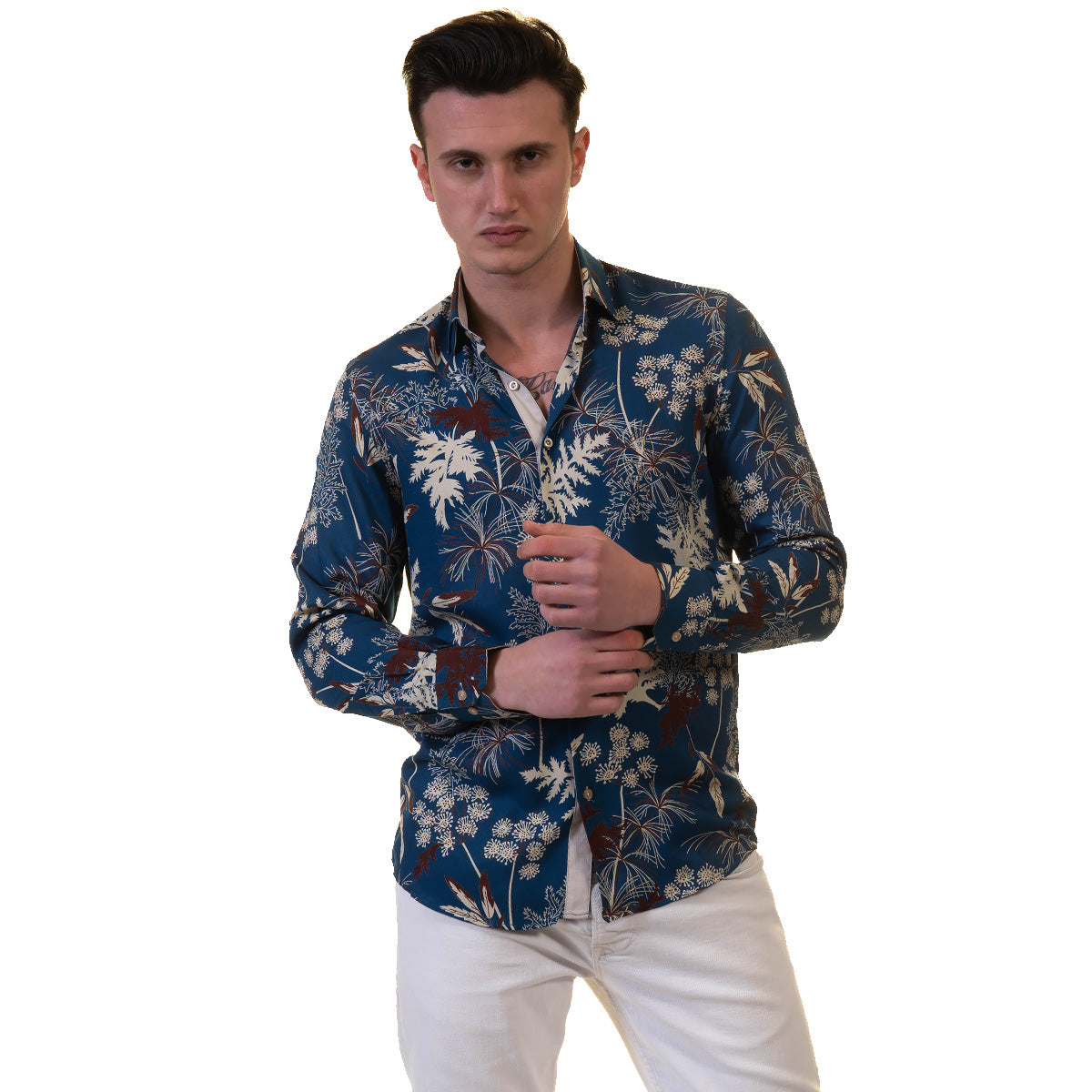 Blue Floral Mens Slim Fit Designer French Cuff Shirt - tailored Cotton Shirts for Work and Casual Wear - Image 4
