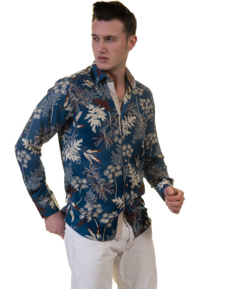 Blue Floral Mens Slim Fit Designer French Cuff Shirt – tailored Cotton Shirts for Work and Casual Wear