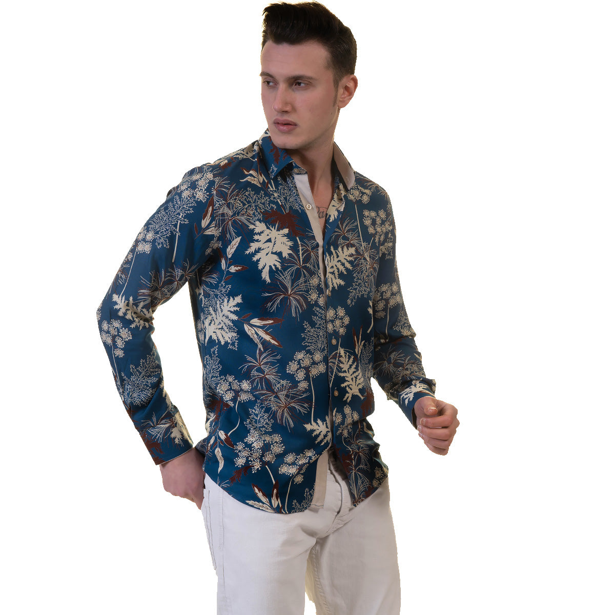 Blue Floral Mens Slim Fit Designer French Cuff Shirt - tailored Cotton Shirts for Work and Casual Wear - Image 5