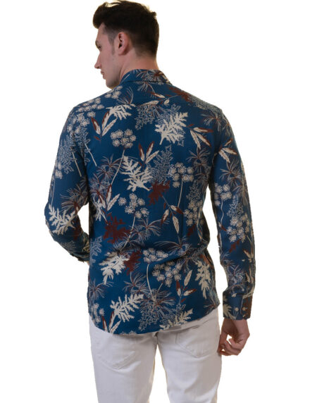 Blue Floral Mens Slim Fit Designer French Cuff Shirt – tailored Cotton Shirts for Work and Casual Wear