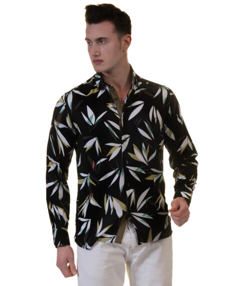 Black Floral Mens Slim Fit Designer Dress Shirt – tailored Cotton Shirts for Work and Casual Wear