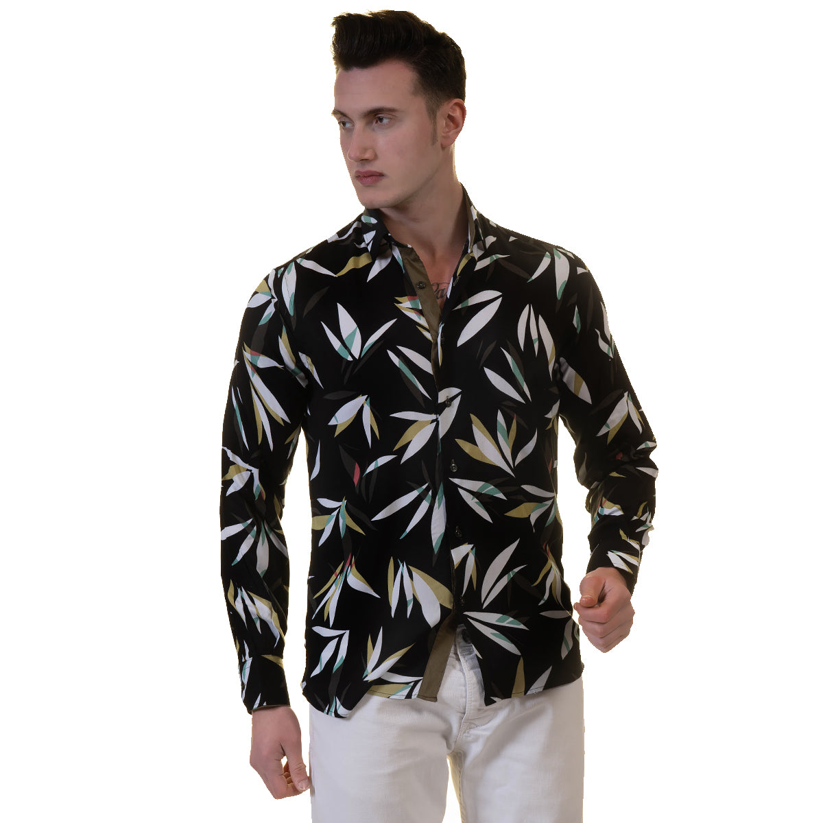 Black Floral Mens Slim Fit Designer Dress Shirt - tailored Cotton Shirts for Work and Casual Wear - Image 2