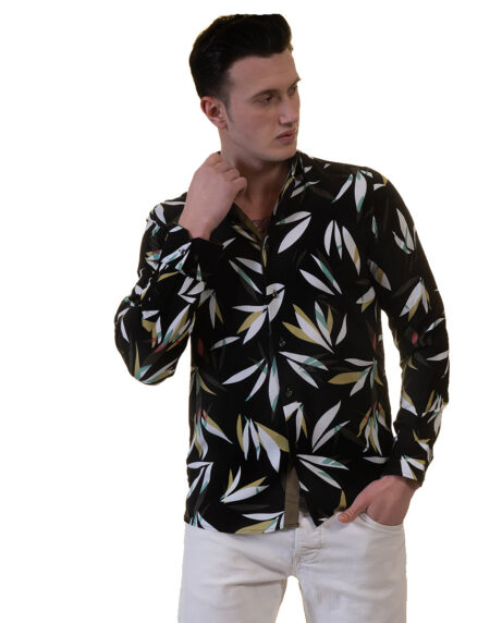 Black Floral Mens Slim Fit Designer Dress Shirt – tailored Cotton Shirts for Work and Casual Wear