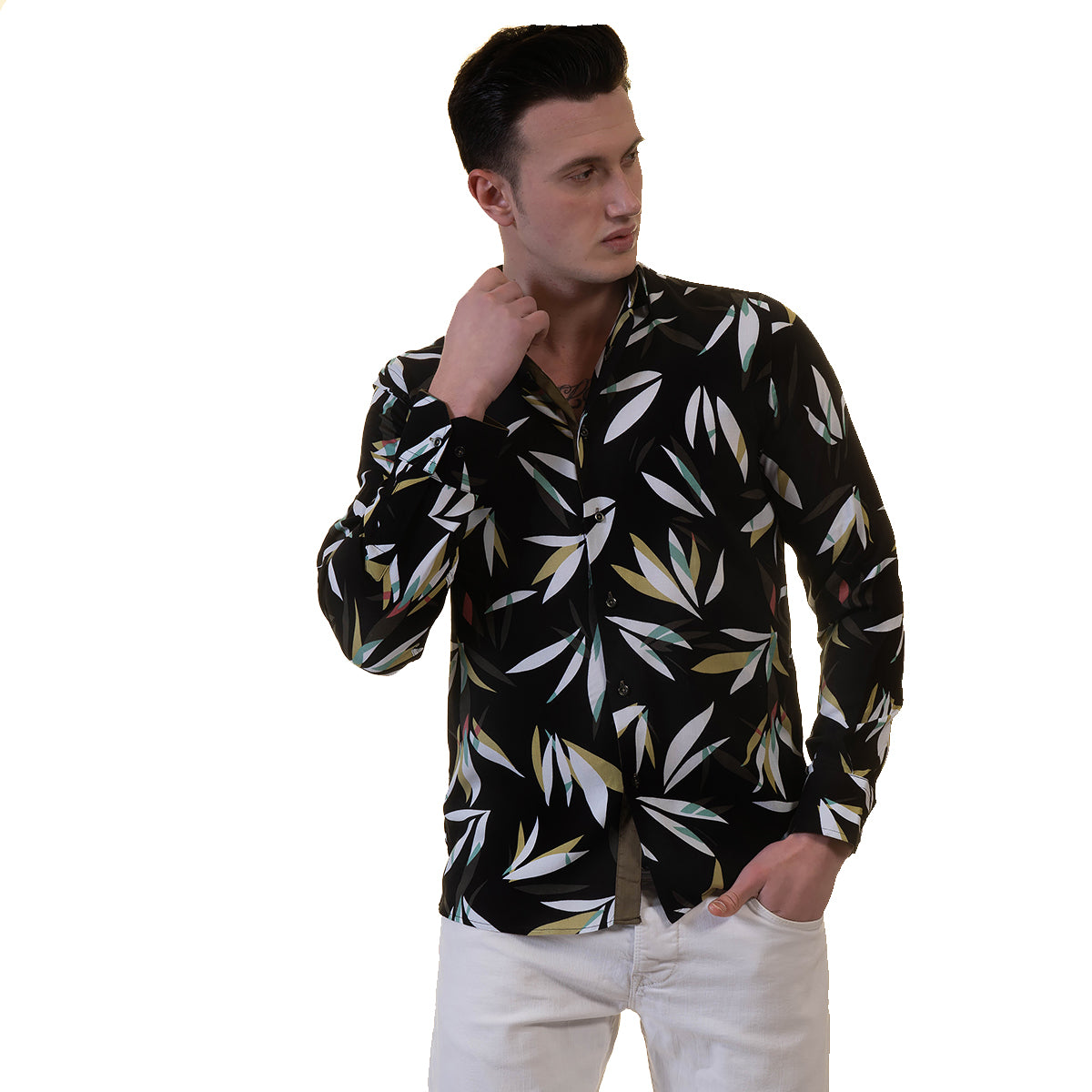 Black Floral Mens Slim Fit Designer Dress Shirt - tailored Cotton Shirts for Work and Casual Wear - Image 3
