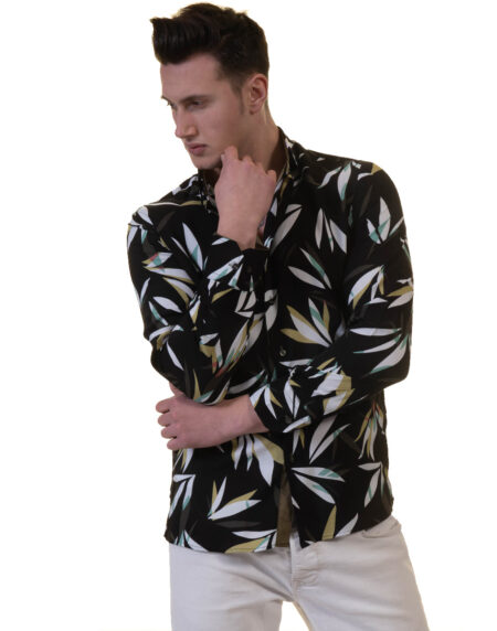 Black Floral Mens Slim Fit Designer Dress Shirt – tailored Cotton Shirts for Work and Casual Wear