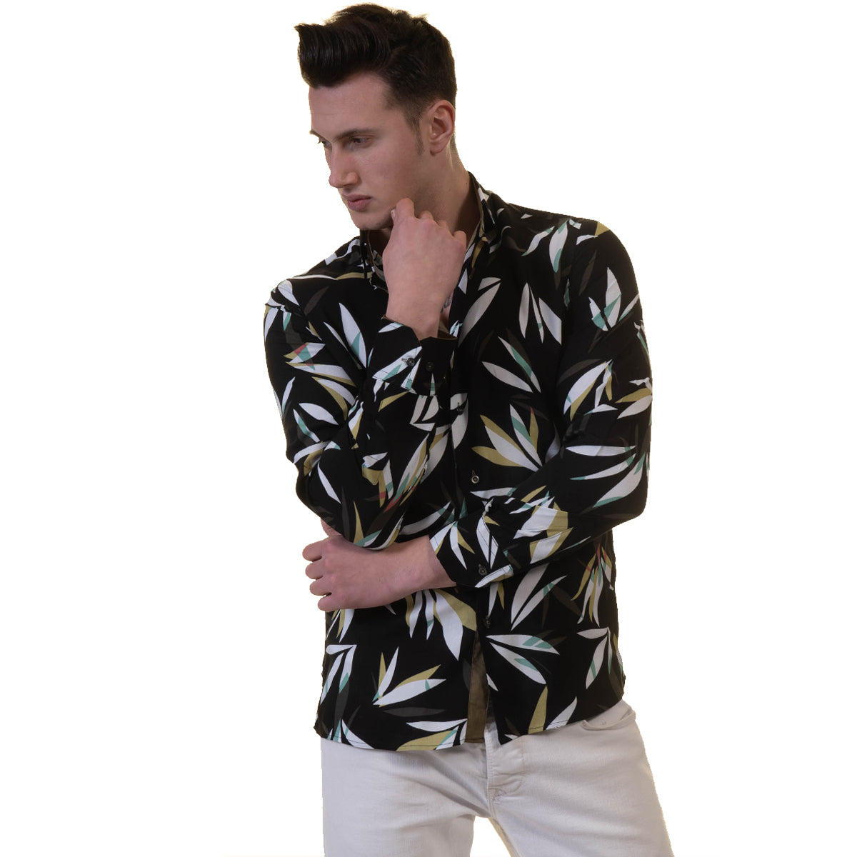 Black Floral Mens Slim Fit Designer Dress Shirt - tailored Cotton Shirts for Work and Casual Wear - Image 4