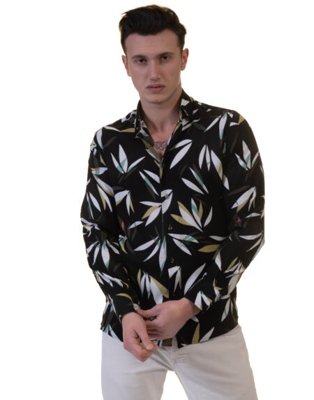 Black Floral Mens Slim Fit Designer Dress Shirt – tailored Cotton Shirts for Work and Casual Wear