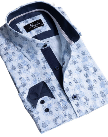 Blue Printed Mens Slim Fit Designer Dress Shirt – tailored Cotton Shirts for Work and Casual Wear