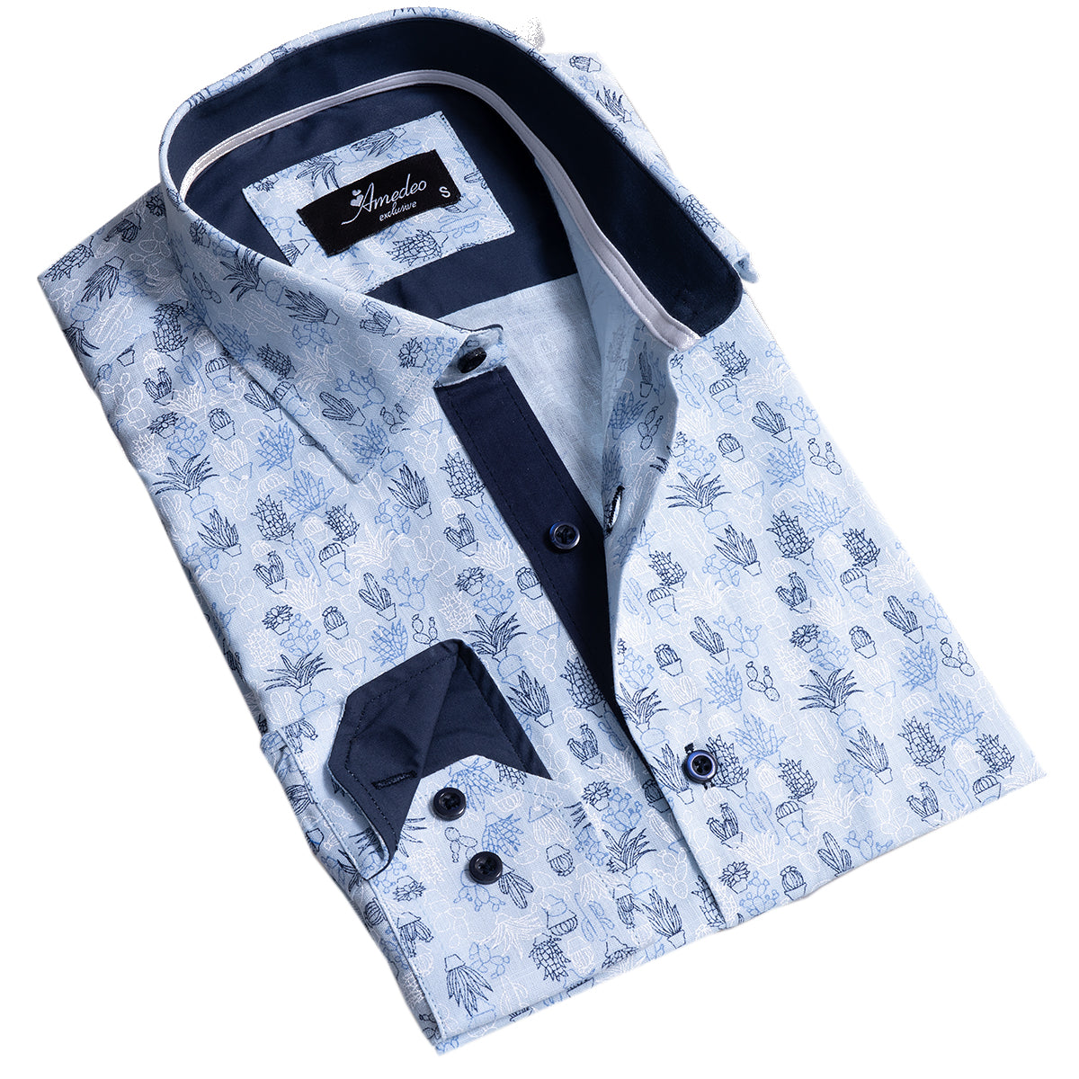Blue Printed Mens Slim Fit Designer Dress Shirt – tailored Cotton Shirts for Work and Casual Wear
