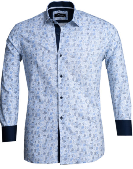 Blue Printed Mens Slim Fit Designer Dress Shirt – tailored Cotton Shirts for Work and Casual Wear