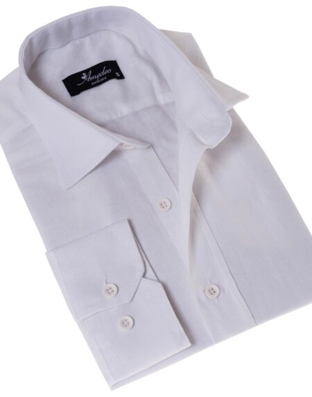 White Luxury Men’s European-Made Tailored Fit Linen Button-Up Shirt