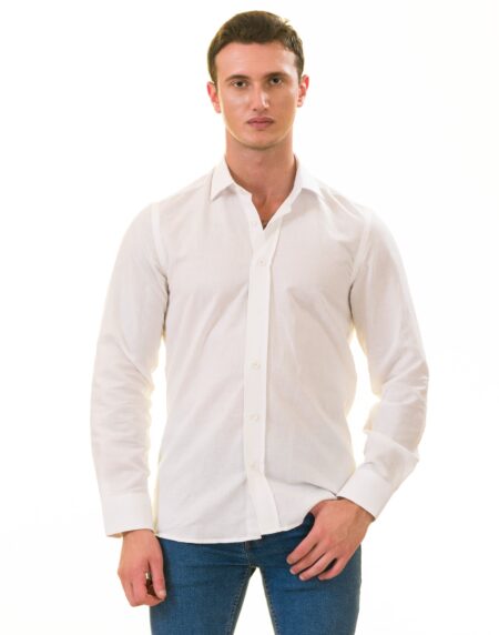 White Luxury Men’s European-Made Tailored Fit Linen Button-Up Shirt