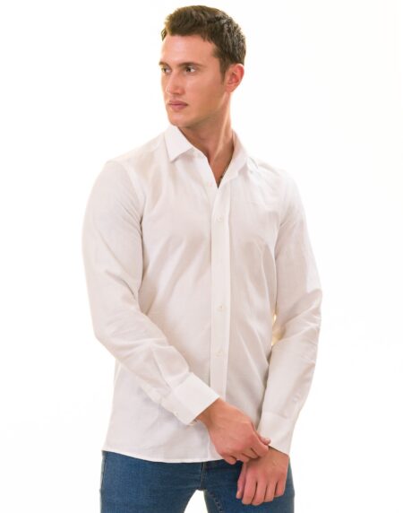 White Luxury Men’s European-Made Tailored Fit Linen Button-Up Shirt