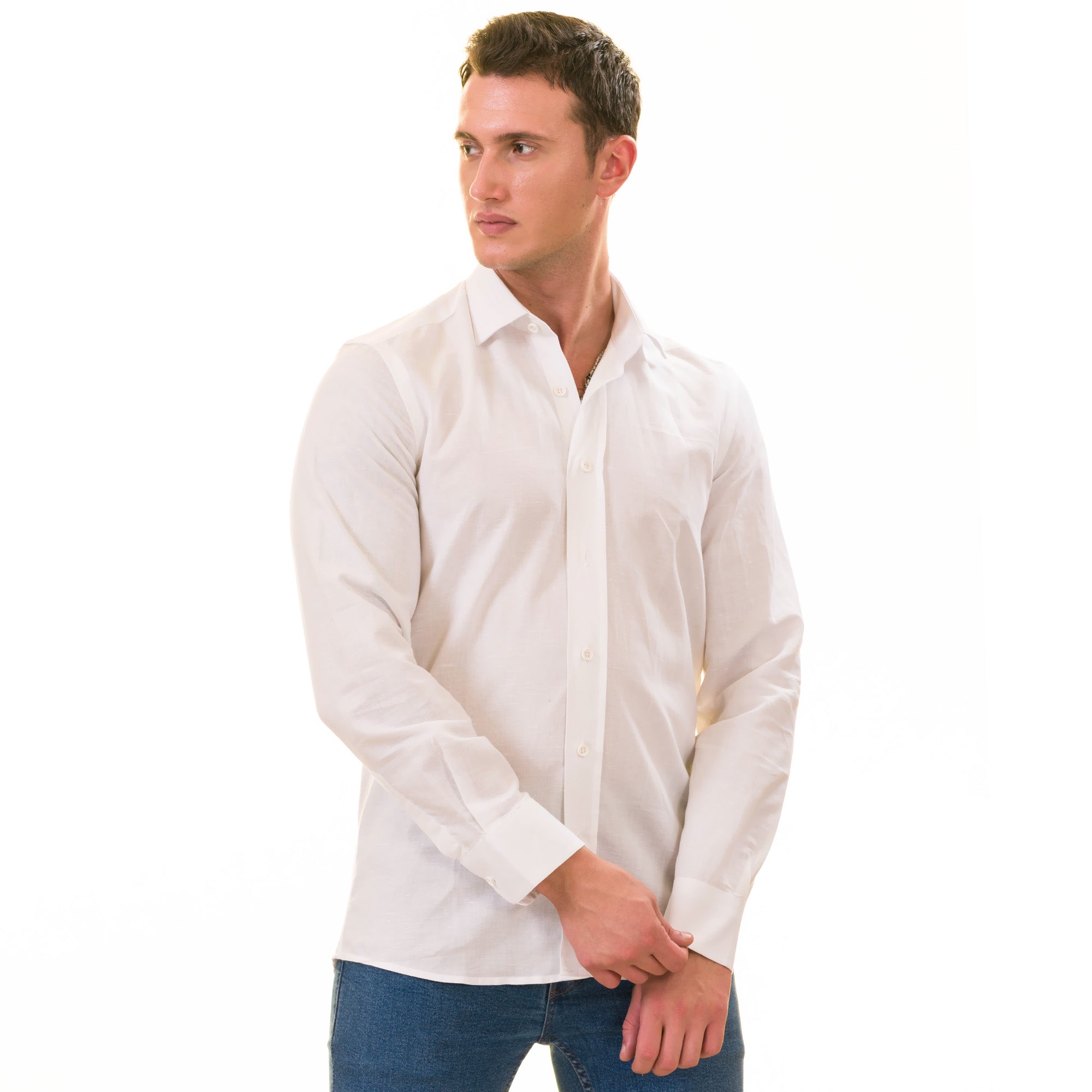 White Luxury Men's European-Made Tailored Fit Linen Button-Up Shirt - Image 5