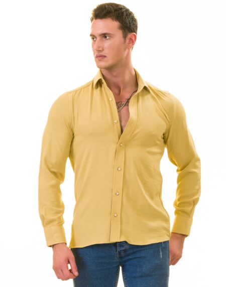 Mustard Luxury Men’s European-Made Tailored Fit Linen Button-Up Shirt