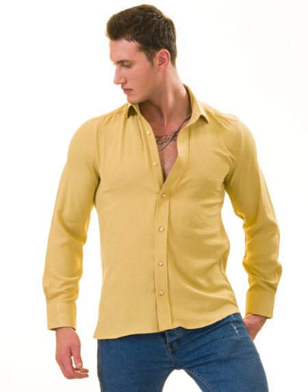 Mustard Luxury Men’s European-Made Tailored Fit Linen Button-Up Shirt