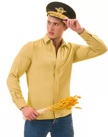 Mustard Luxury Men’s European-Made Tailored Fit Linen Button-Up Shirt
