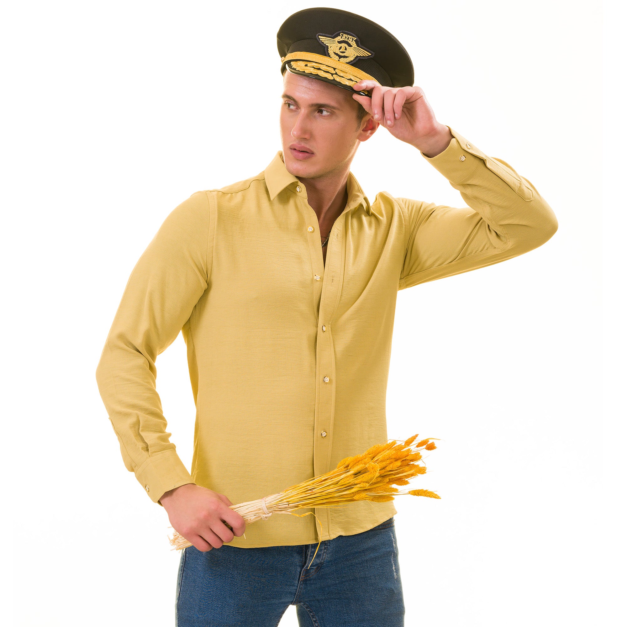 Mustard Luxury Men's European-Made Tailored Fit Linen Button-Up Shirt - Image 4