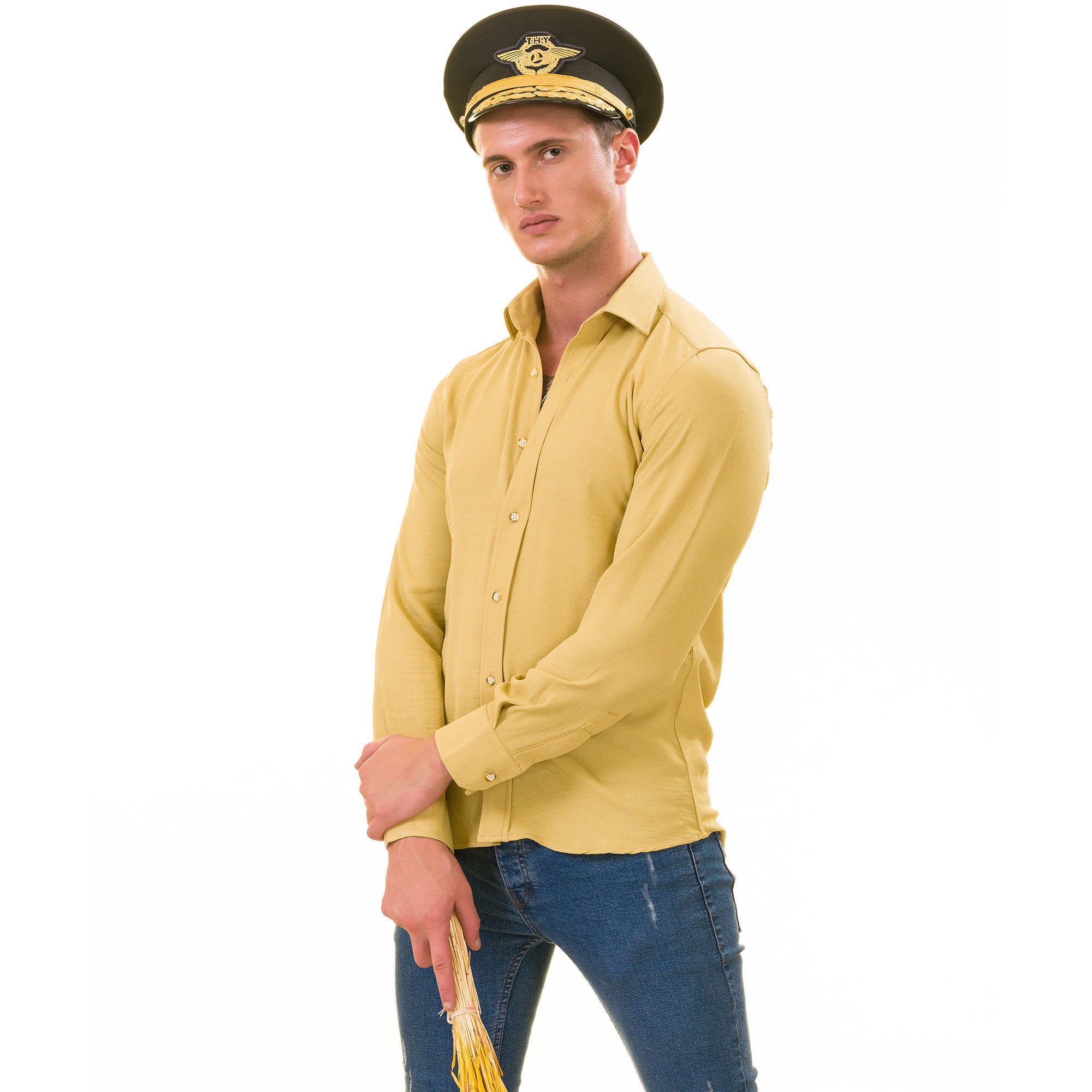 Mustard Luxury Men's European-Made Tailored Fit Linen Button-Up Shirt - Image 5