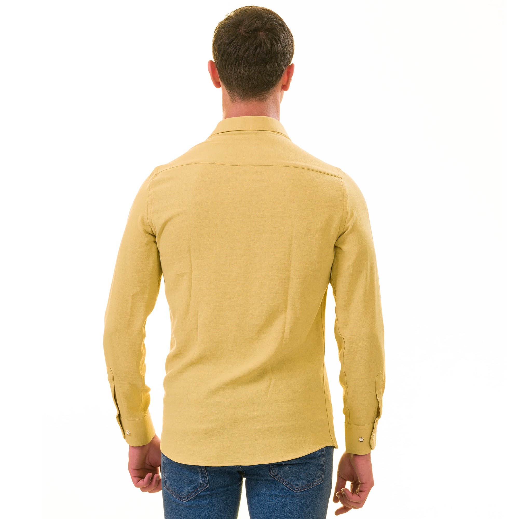 Mustard Luxury Men's European-Made Tailored Fit Linen Button-Up Shirt - Image 6