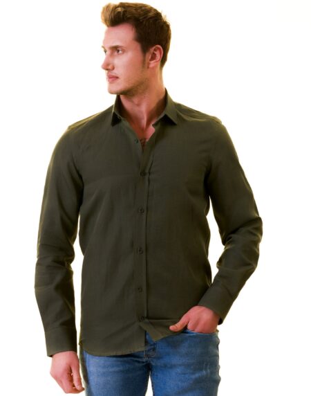 Men’s Khaki Linen Shirt – Luxury Tailor Fit European Made Button-Up