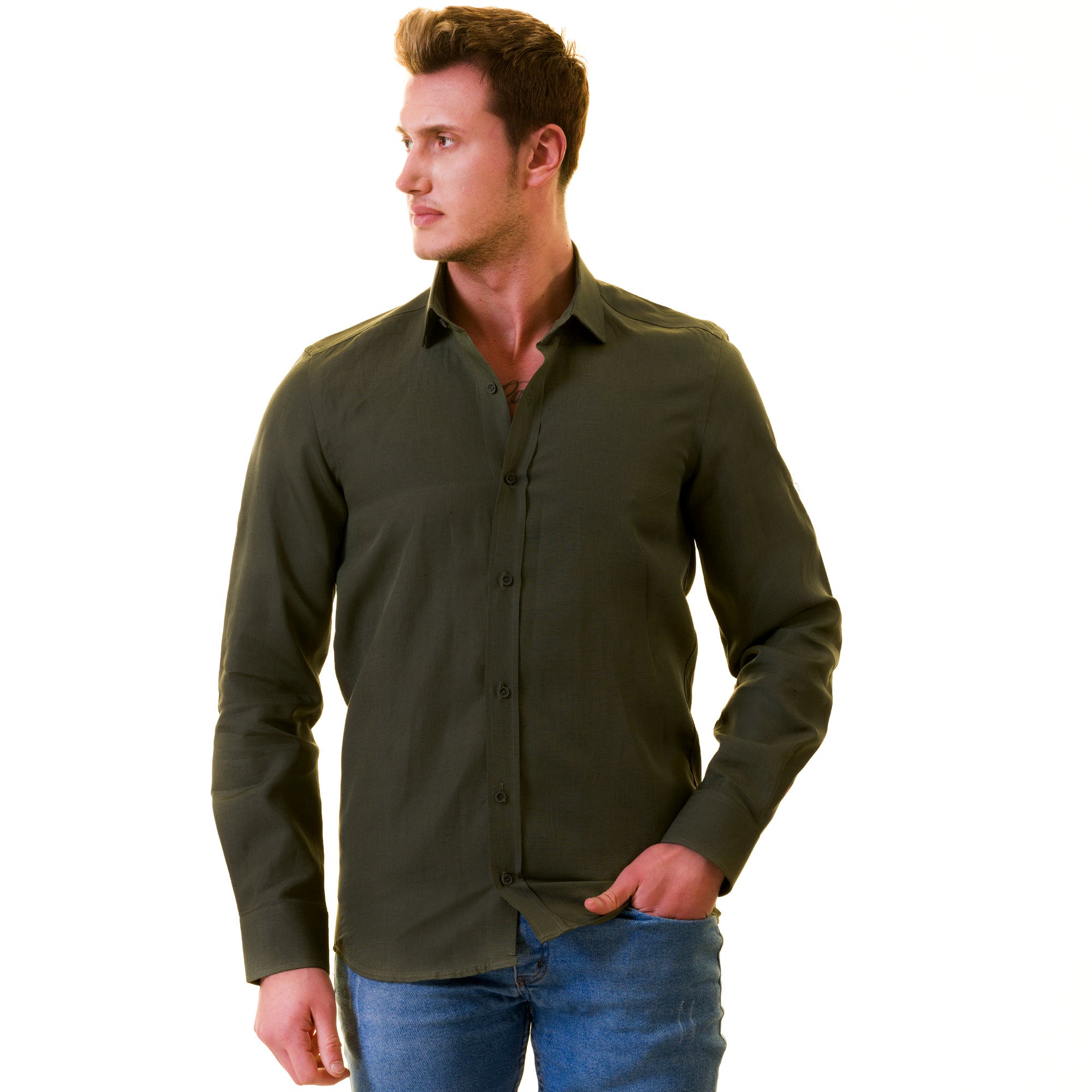 Men's Khaki Linen Shirt - Luxury Tailor Fit European Made Button-Up - Image 3