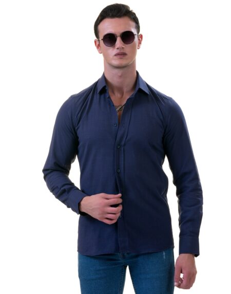 Men’s Dark Blue Linen Shirt – Luxury Tailor Fit European Made Button-Up