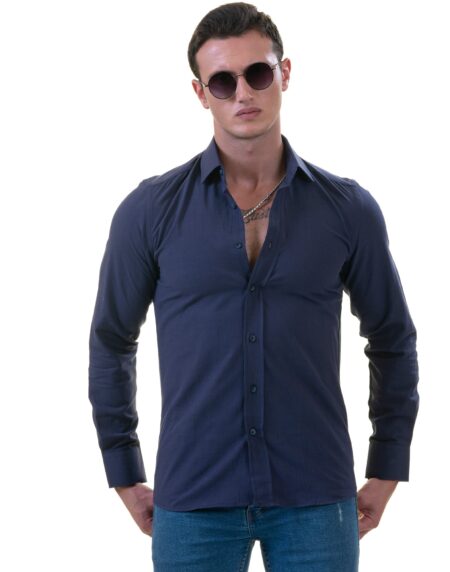 Men’s Dark Blue Linen Shirt – Luxury Tailor Fit European Made Button-Up