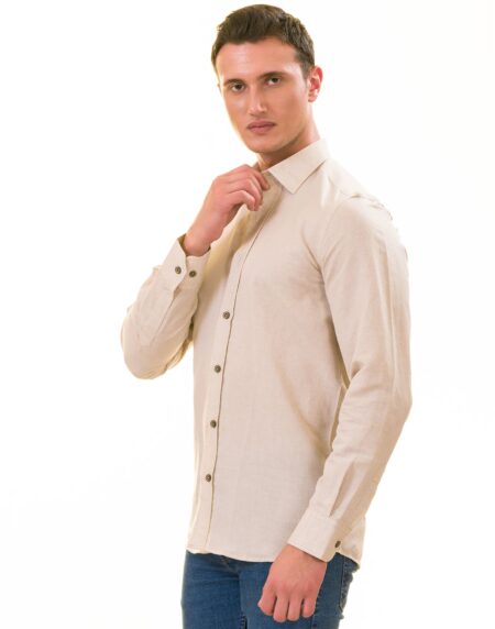 Men’s Beige Linen Shirt – Luxury Tailor Fit European Made Button-Up