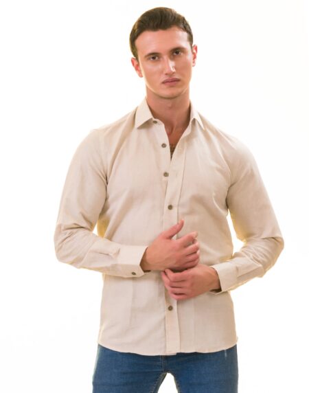 Men’s Beige Linen Shirt – Luxury Tailor Fit European Made Button-Up