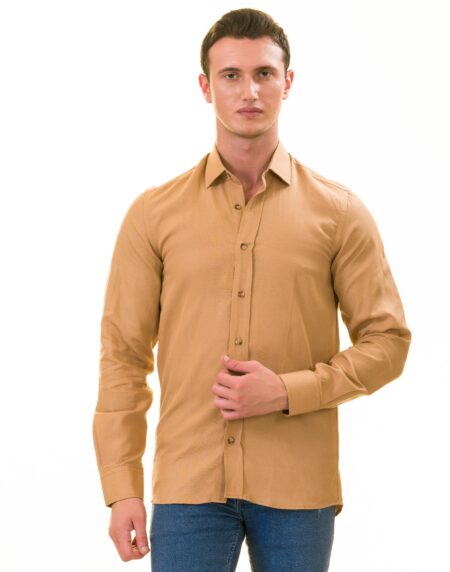Men’s Brown Linen Shirt – Luxury Tailor Fit European Made Button-Up