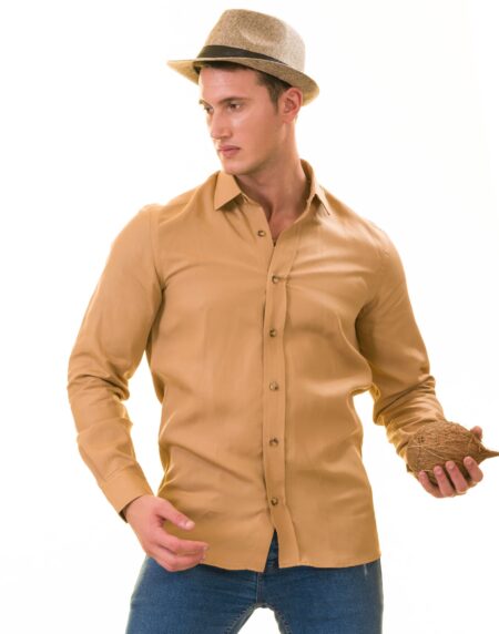 Men’s Brown Linen Shirt – Luxury Tailor Fit European Made Button-Up