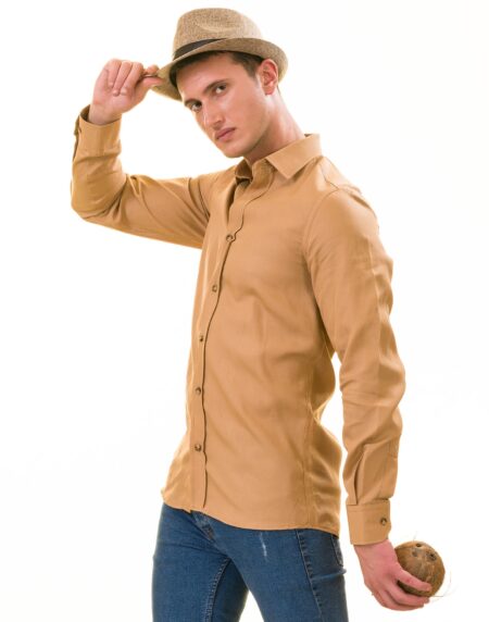 Men’s Brown Linen Shirt – Luxury Tailor Fit European Made Button-Up