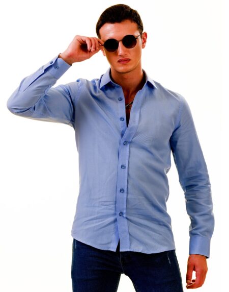 Men’s Sky Blue Linen Shirt – Luxury Tailor Fit European Made Button-Up