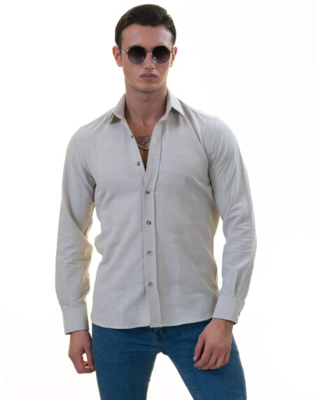 Men’s Light Gray Linen Shirt – Luxury Tailor Fit European Made Button-Up