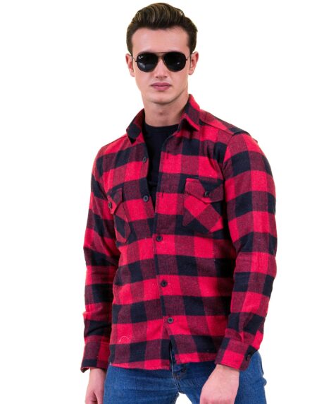 Red Black Check Mens Slim Fit Designer Dress Shirt – tailored Cotton Shirts for Work and Casual Wear