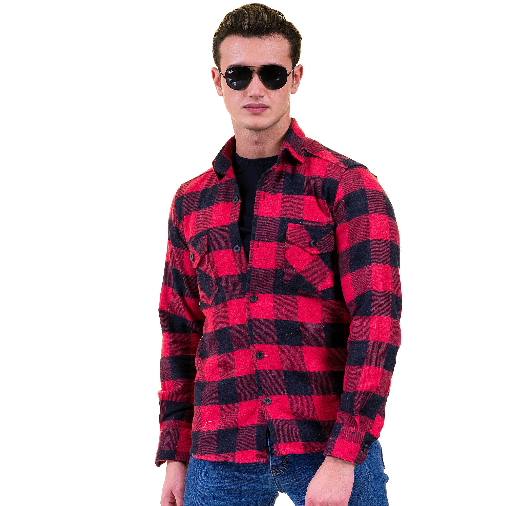 Red Black Check Mens Slim Fit Designer Dress Shirt – tailored Cotton Shirts for Work and Casual Wear