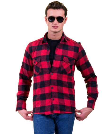 Red Black Check Mens Slim Fit Designer Dress Shirt – tailored Cotton Shirts for Work and Casual Wear