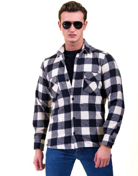 Navy Blue White Check Mens Slim Fit Designer Dress Shirt – tailored Cotton Shirts for Work and Casual Wear