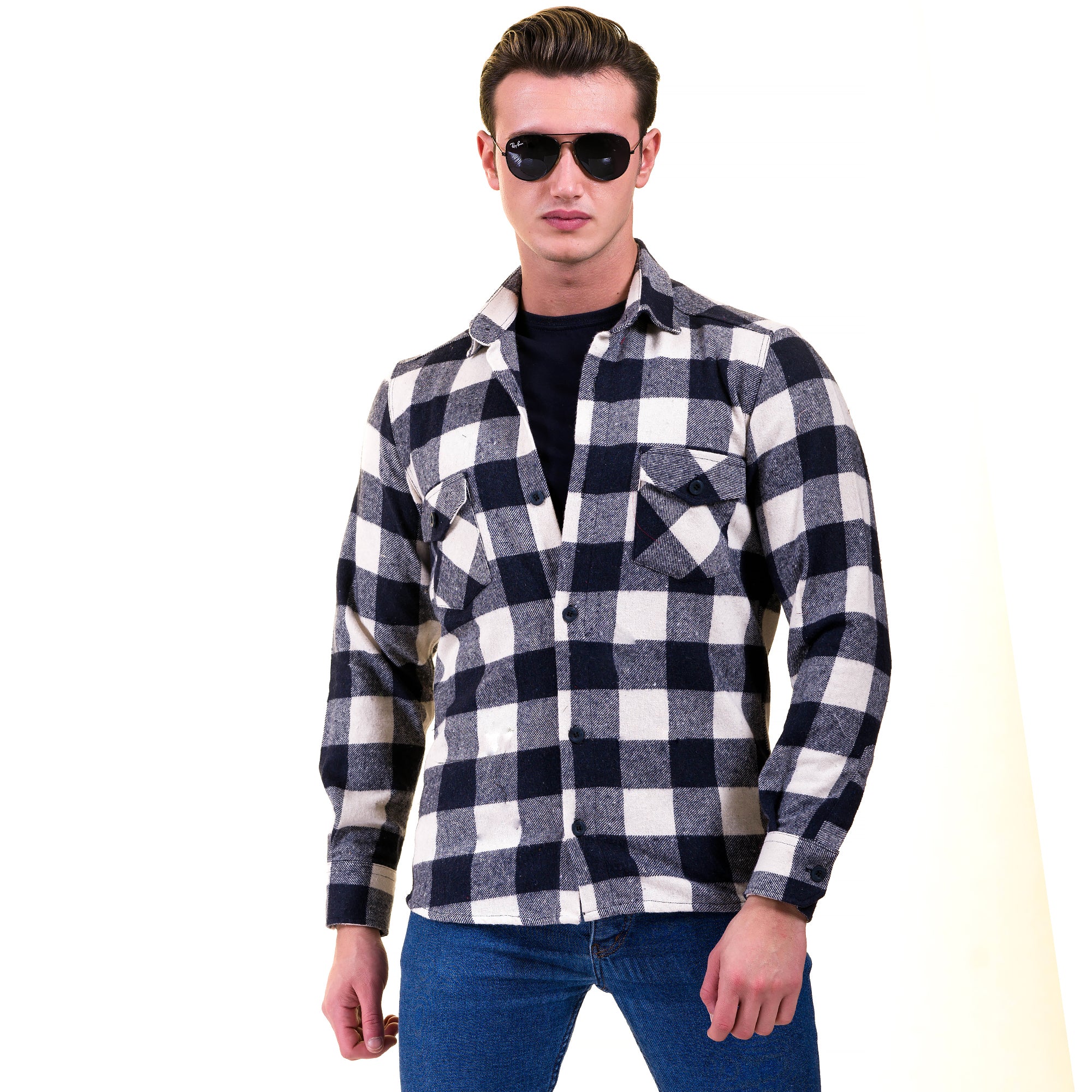 Navy Blue White Check Mens Slim Fit Designer Dress Shirt – tailored Cotton Shirts for Work and Casual Wear