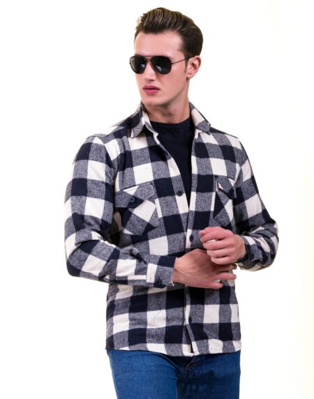 Navy Blue White Check Mens Slim Fit Designer Dress Shirt – tailored Cotton Shirts for Work and Casual Wear