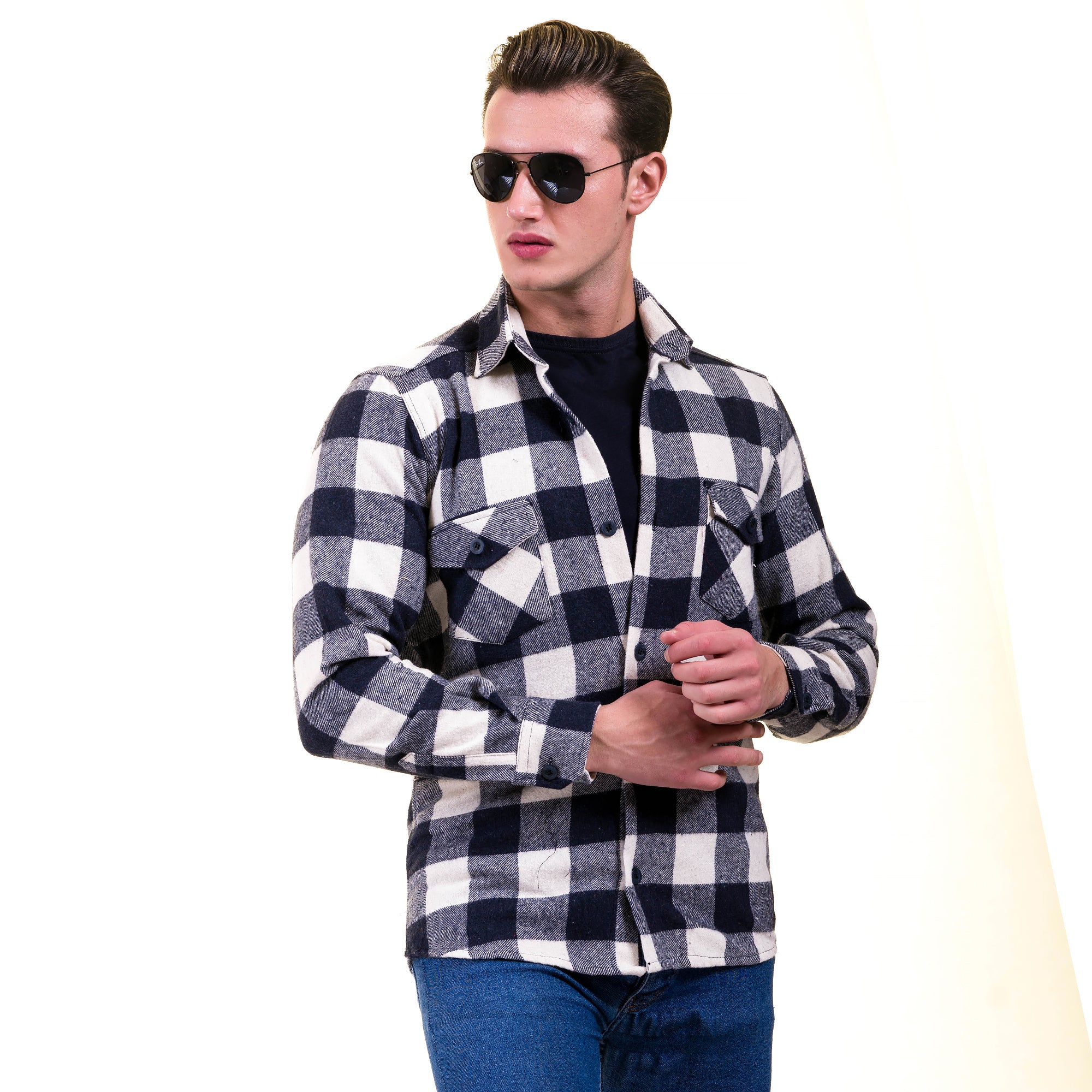 Navy Blue White Check Mens Slim Fit Designer Dress Shirt - tailored Cotton Shirts for Work and Casual Wear - Image 3