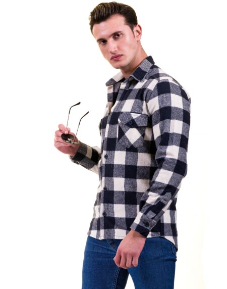 Navy Blue White Check Mens Slim Fit Designer Dress Shirt – tailored Cotton Shirts for Work and Casual Wear